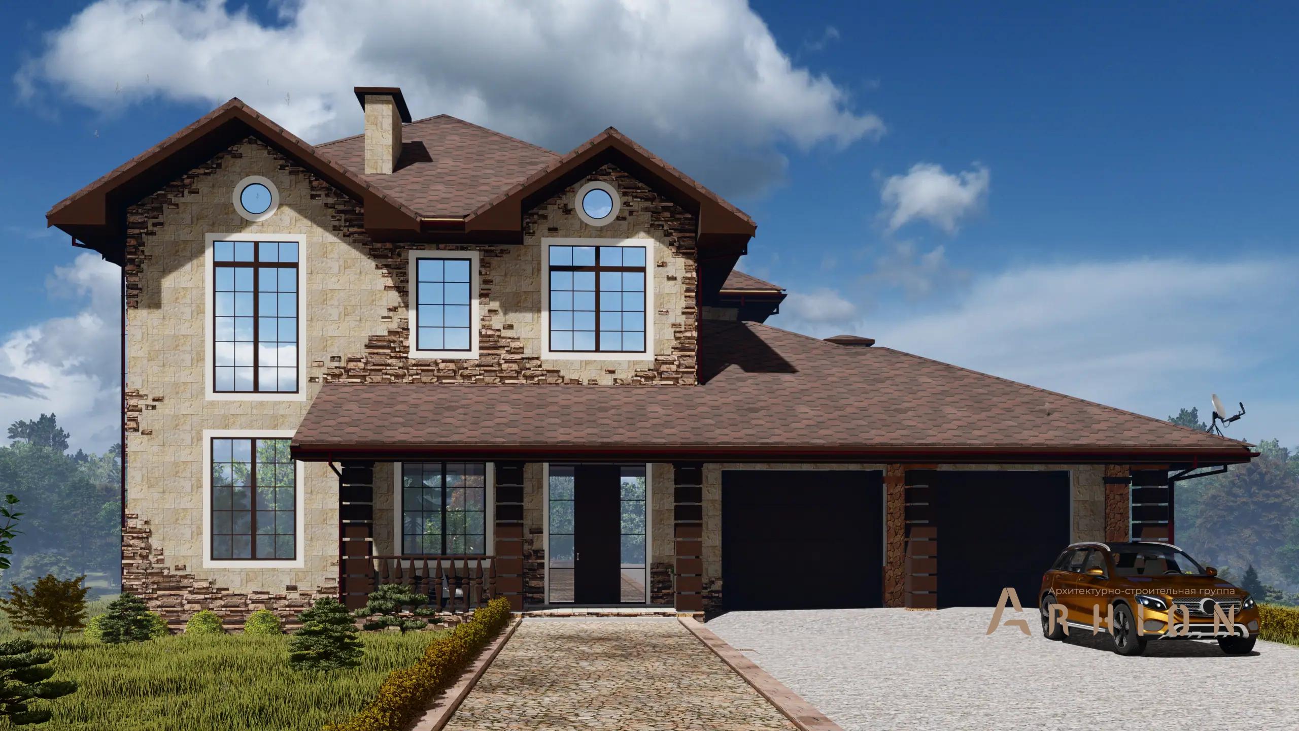 6. Проект двухэтажного дома в европейском стиле с многоскатной кровлей, h-1613, площадью - 642 кв c цокольным этажом, сауной, терассой, балконом, гаражом